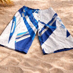 Free Spirit Board Shorts Blue White Graphic Swim Trunks Size Large